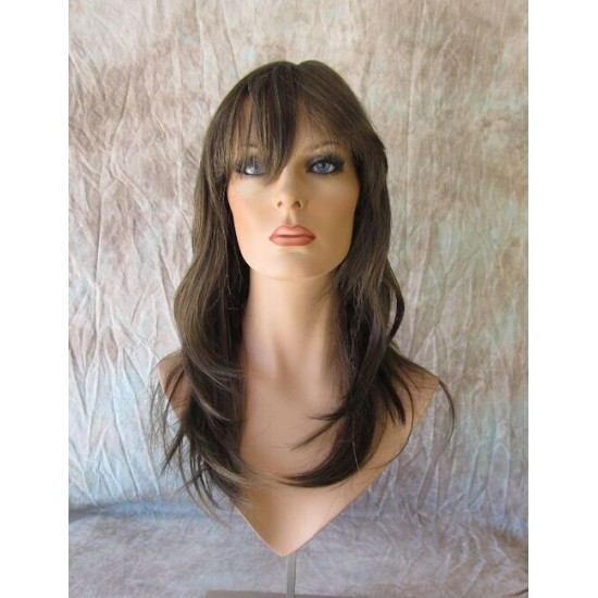 ALLY | Medium Brown Long Wig Layers Face Frame Full Bangs Skin Part 24" 