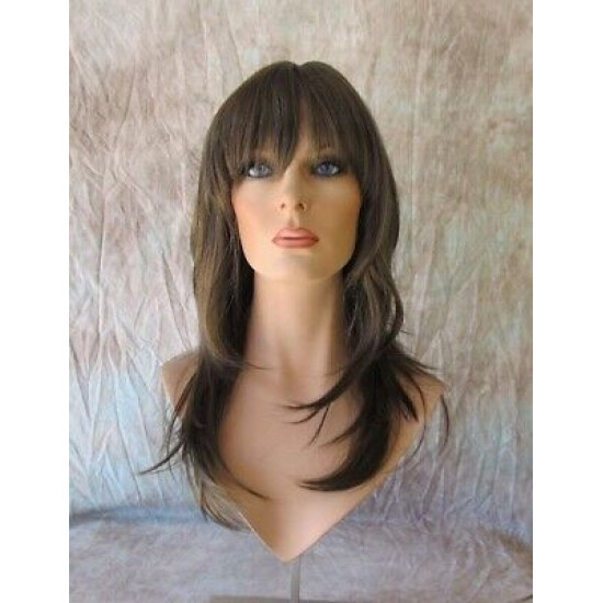 ALLY | Medium Brown Long Wig Layers Face Frame Full Bangs Skin Part 24" 