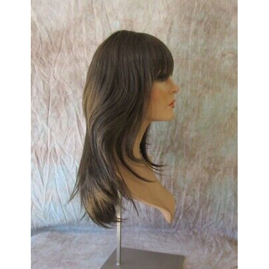 ALLY | Medium Brown Long Wig Layers Face Frame Full Bangs Skin Part 24" 