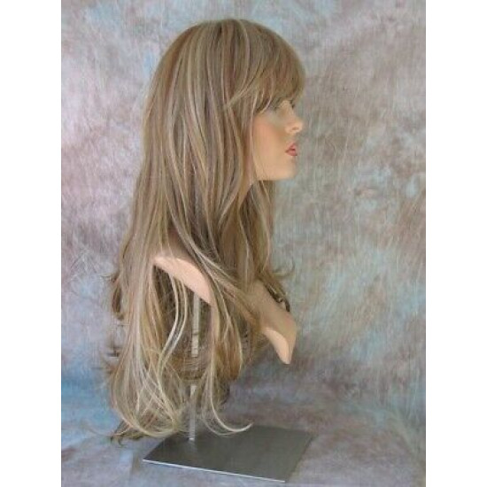 KRISTEN | Medium Blonde Mix Long Wig HEAT OK Layers Swept Bangs Skin Crown Wigs