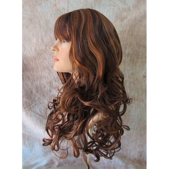 CARLOTTA | Auburn Strawberry Mix Long Wig Soft Curls Center Part Bangs 