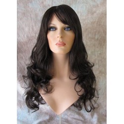 BALLY | Dark Brown Long Wig Loose Curls Skin Side Part Bangs 24" 