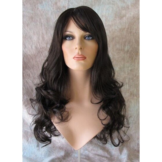 BALLY | Dark Brown Long Wig Loose Curls Skin Side Part Bangs 24" 
