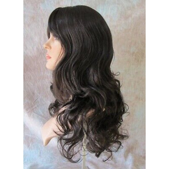 BALLY | Dark Brown Long Wig Loose Curls Skin Side Part Bangs 24" 
