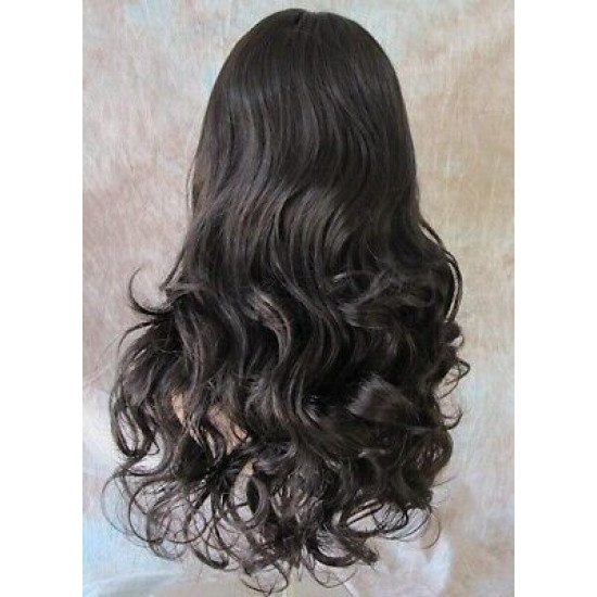 BALLY | Dark Brown Long Wig Loose Curls Skin Side Part Bangs 24" 