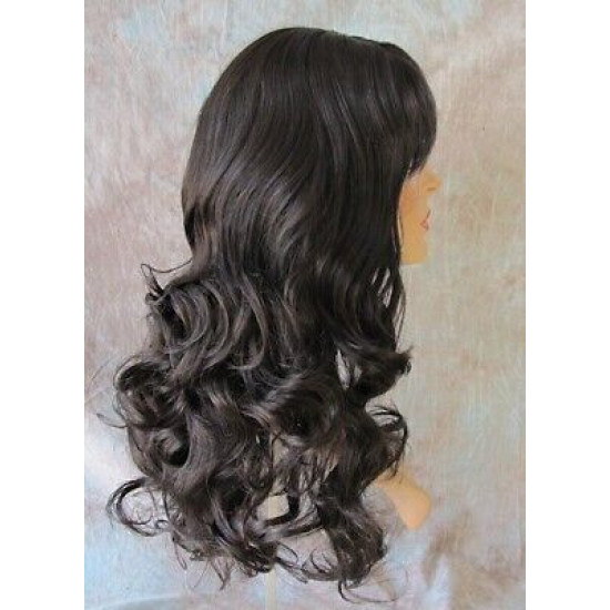 BALLY | Dark Brown Long Wig Loose Curls Skin Side Part Bangs 24" 