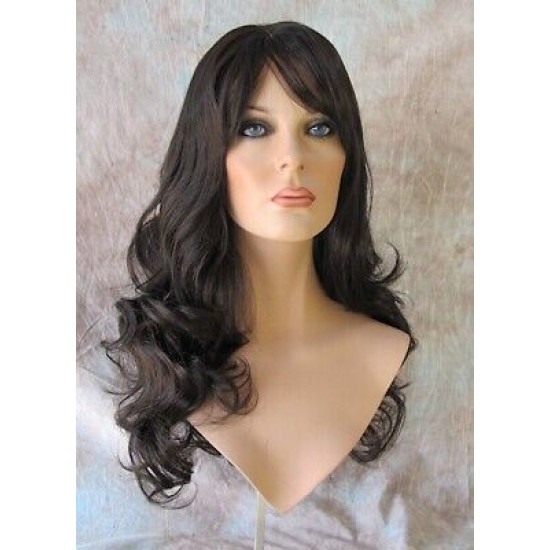 BALLY | Dark Brown Long Wig Loose Curls Skin Side Part Bangs 24" 