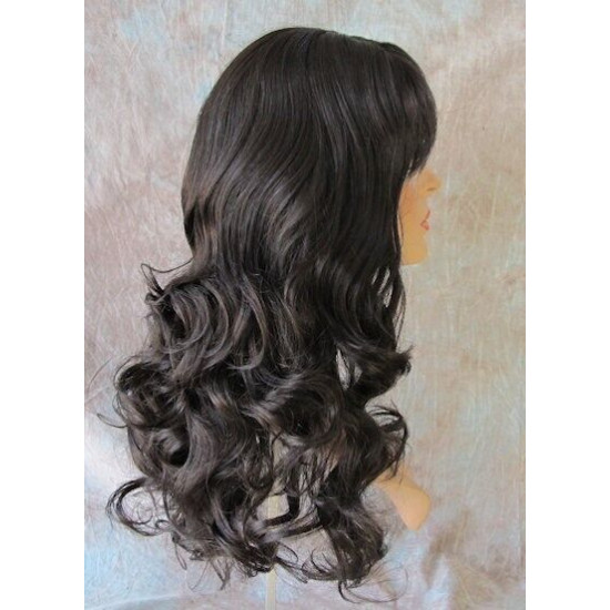 BALLY | Dark Brown Long Wig Loose Curls Skin Side Part Bangs 24" 