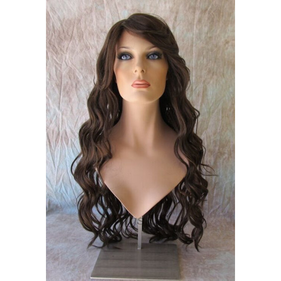 HS KEY WEST | Brown Auburn Wide Curls Side Part Bangs Long Wig HEAT OK