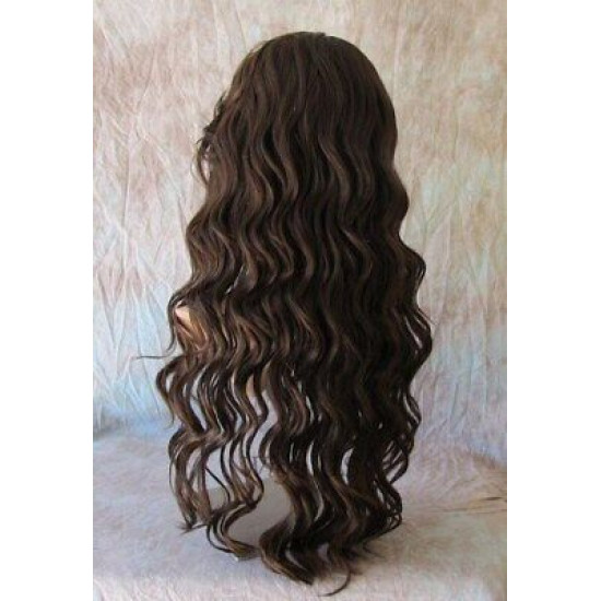 HS KEY WEST | Brown Auburn Wide Curls Side Part Bangs Long Wig HEAT OK