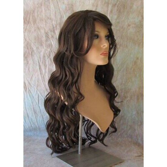 HS KEY WEST | Brown Auburn Wide Curls Side Part Bangs Long Wig HEAT OK