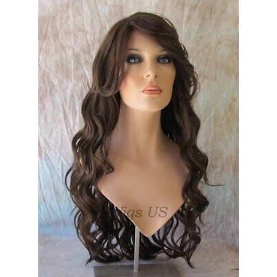 HS KEY WEST | Brown Auburn Wide Curls Side Part Bangs Long Wig HEAT OK