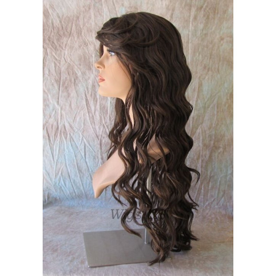 HS KEY WEST | Brown Auburn Wide Curls Side Part Bangs Long Wig HEAT OK