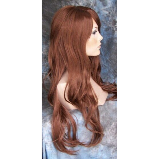 TONYA | Medium Auburn Long Wig Gentle Waves Longer Bangs Skin Part 