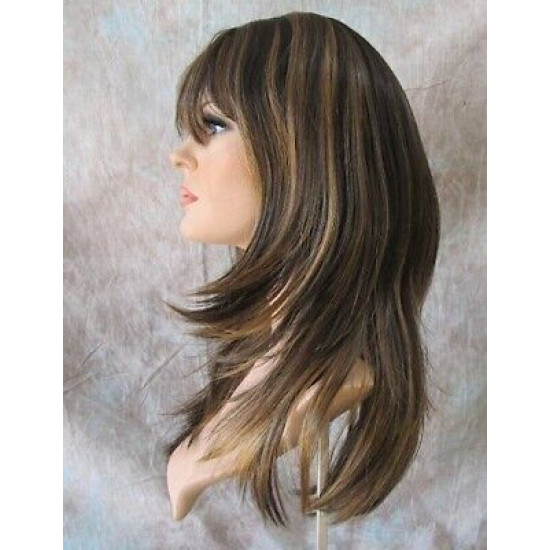 ALICIA | Med Dark Brown Strawberry Mix Long Wig Layers Skin Part Full Bangs 