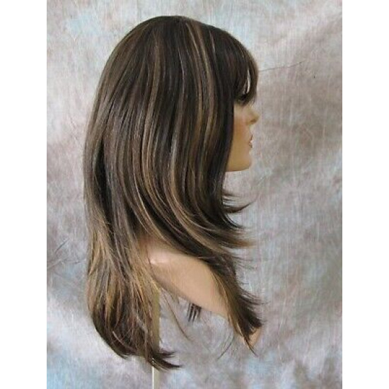 ALICIA | Med Dark Brown Strawberry Mix Long Wig Layers Skin Part Full Bangs 