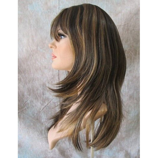 ALICIA | Med Dark Brown Strawberry Mix Long Wig Layers Skin Part Full Bangs 