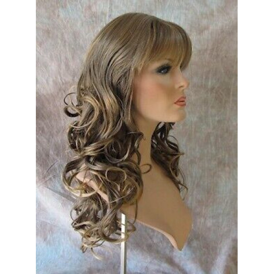 CARLOTTA | Light Brown Mix Long Wig Soft Curls Center Part Bangs 