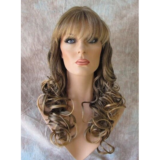 CARLOTTA | Light Brown Mix Long Wig Soft Curls Center Part Bangs 