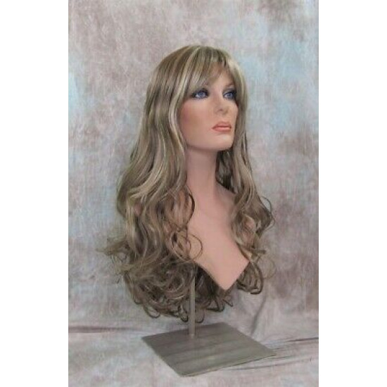 ANDREA | Ash Blonde Mix Long Wig Long Gentle Curls Skin Part Bangs 24" 