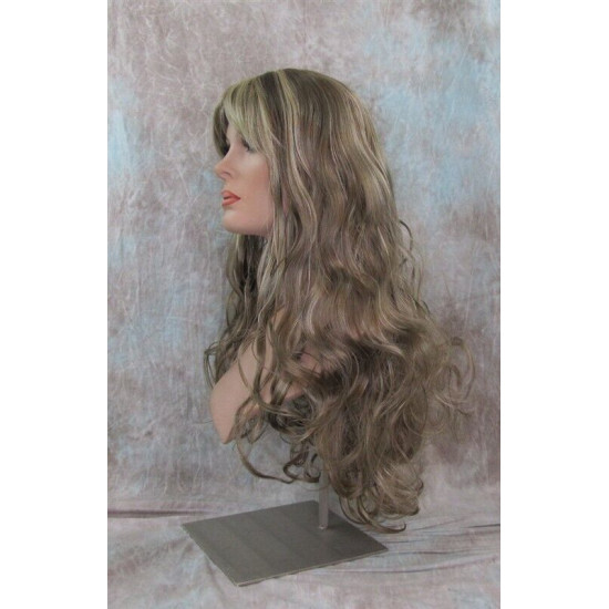 ANDREA | Ash Blonde Mix Long Wig Long Gentle Curls Skin Part Bangs 24" 