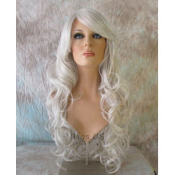 HS BOSTON | Silver Gray Almost White Long Wig HEAT OK Curls Side Swept Bangs 
