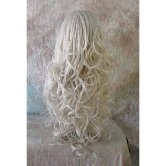 HS BOSTON | Silver Gray Almost White Long Wig HEAT OK Curls Side Swept Bangs 