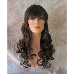 CARLOTTA | Dark Brown Auburn Mix Long Wig Soft Curls Center Part Bangs 