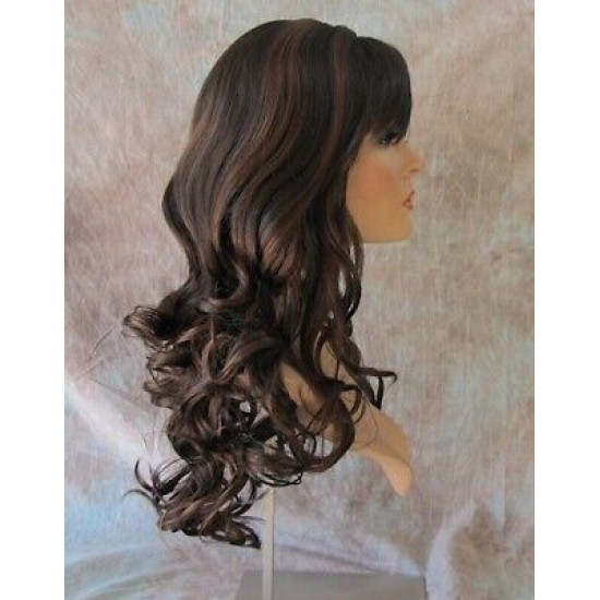 CARLOTTA | Dark Brown Auburn Mix Long Wig Soft Curls Center Part Bangs 