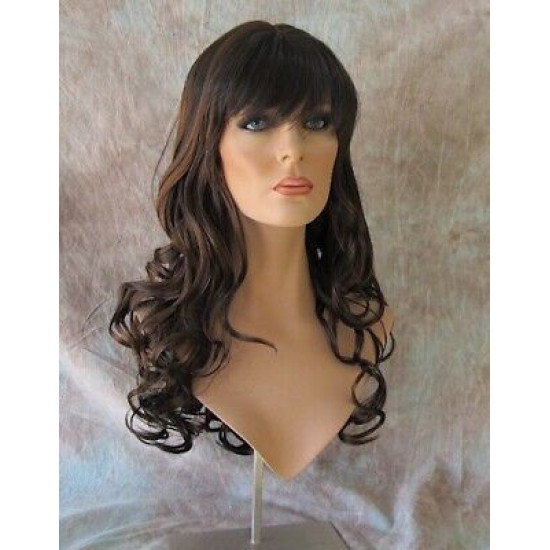 CARLOTTA | Dark Brown Auburn Mix Long Wig Soft Curls Center Part Bangs 