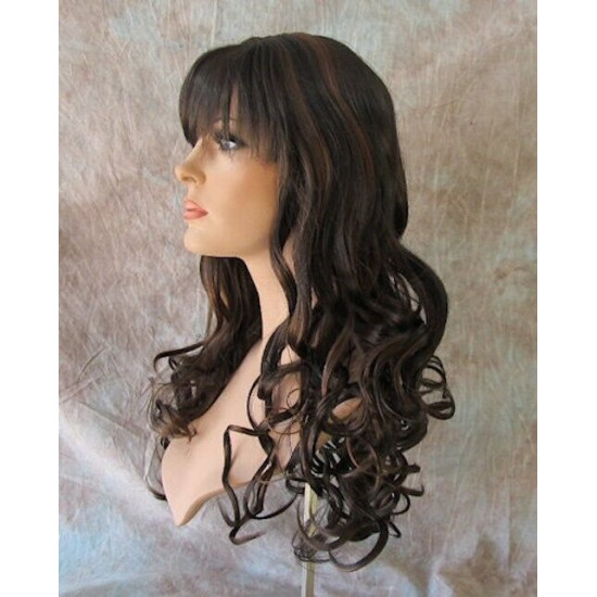 CARLOTTA | Dark Brown Auburn Mix Long Wig Soft Curls Center Part Bangs 
