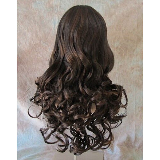 CARLOTTA | Dark Brown Auburn Mix Long Wig Soft Curls Center Part Bangs 