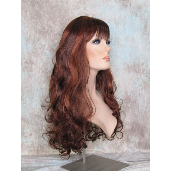 ANDREA | Dark Auburn Copper Mix Long Wig Long Curls Skin Part Bangs 24" 