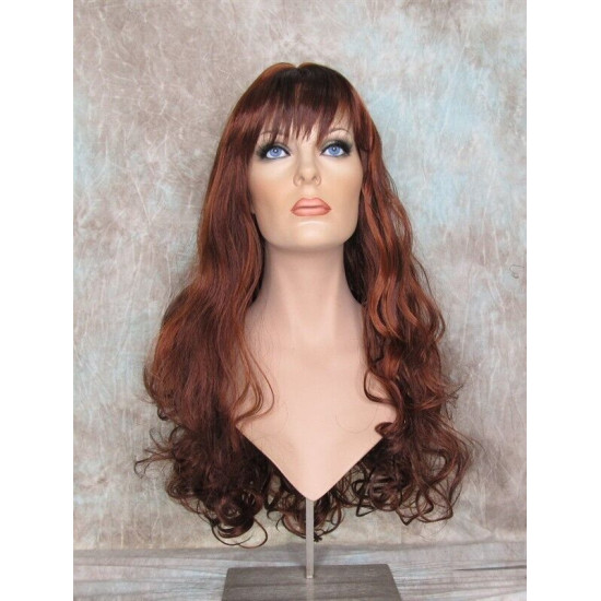 ANDREA | Dark Auburn Copper Mix Long Wig Long Curls Skin Part Bangs 24" 