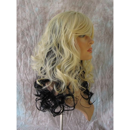 VEGAS | Light Blonde Black Long Wig Curls Bangs Heat OK Wigs 613/Black