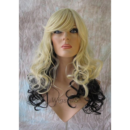 VEGAS | Light Blonde Black Long Wig Curls Bangs Heat OK Wigs 613/Black