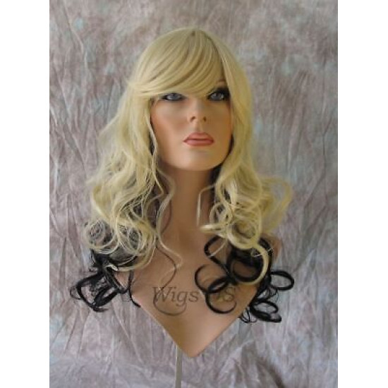VEGAS | Light Blonde Black Long Wig Curls Bangs Heat OK Wigs 613/Black