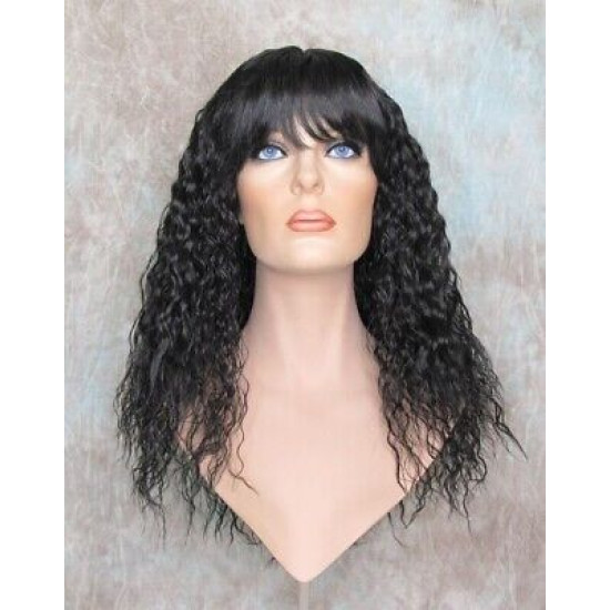 MORGAN | Natural Black Long Wig Crimped Curl Bangs Skin Part 