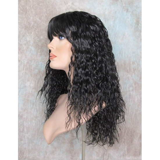 MORGAN | Natural Black Long Wig Crimped Curl Bangs Skin Part 