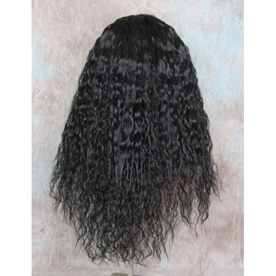MORGAN | Natural Black Long Wig Crimped Curl Bangs Skin Part 