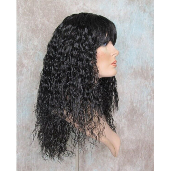 MORGAN | Natural Black Long Wig Crimped Curl Bangs Skin Part 