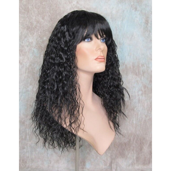 MORGAN | Natural Black Long Wig Crimped Curl Bangs Skin Part 