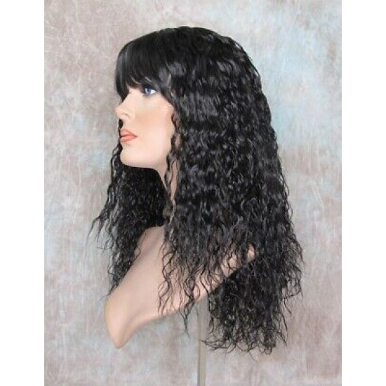 MORGAN | Natural Black Long Wig Crimped Curl Bangs Skin Part 