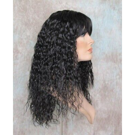 MORGAN | Natural Black Long Wig Crimped Curl Bangs Skin Part 