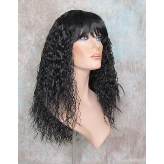 MORGAN | Natural Black Long Wig Crimped Curl Bangs Skin Part 
