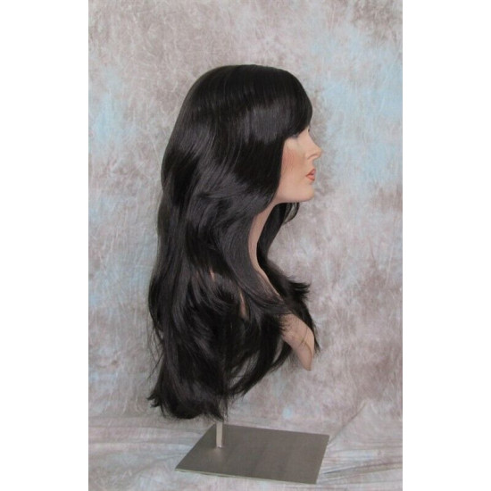 LINDA B | Dark Brown Long Wig Layers Bangs Skin Part Gentle Waves 