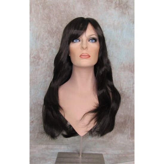 LINDA B | Dark Brown Long Wig Layers Bangs Skin Part Gentle Waves 