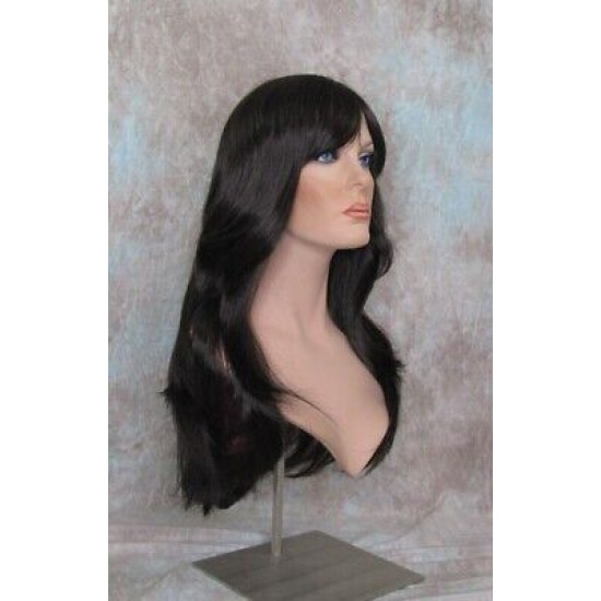 LINDA B | Dark Brown Long Wig Layers Bangs Skin Part Gentle Waves 