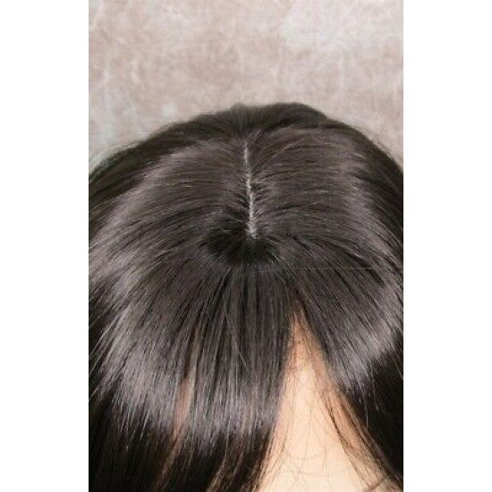 LINDA B | Dark Brown Long Wig Layers Bangs Skin Part Gentle Waves 