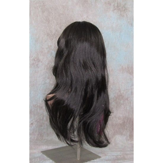 LINDA B | Dark Brown Long Wig Layers Bangs Skin Part Gentle Waves 